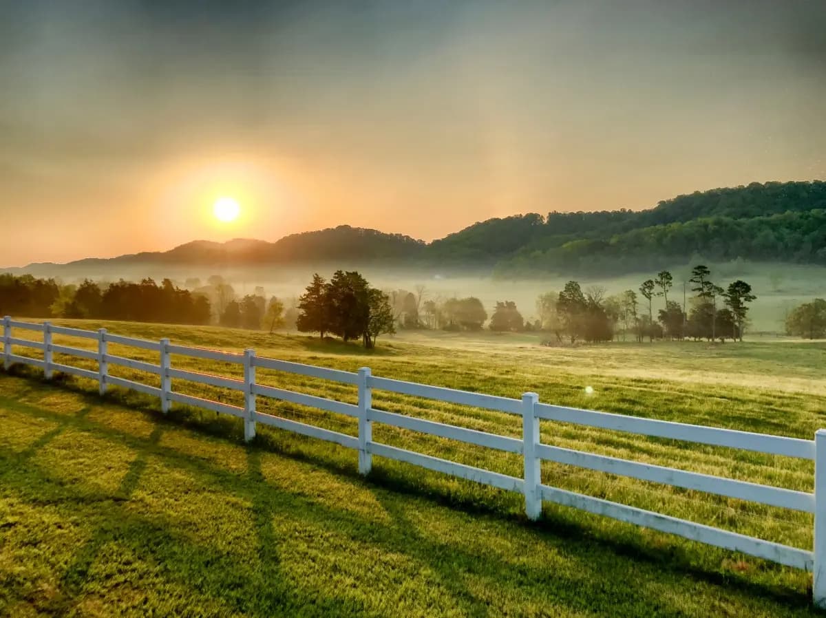 Tennesse farmland with hills and trees covered by fog in the background